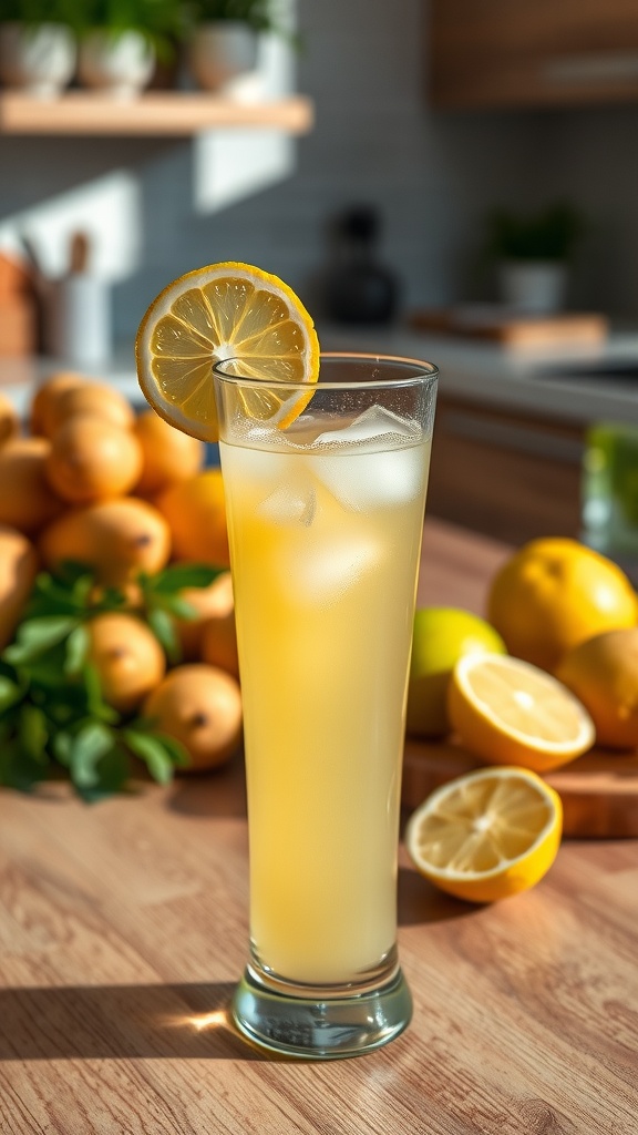 A refreshing glass of potato juice with lemon garnish and ice cubes on a wooden table.